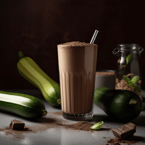 Koolhydraatarme chocolade smoothie met ongezoete cacaopoeder en courgette in een glas met romige structuur op een lichte achtergrond