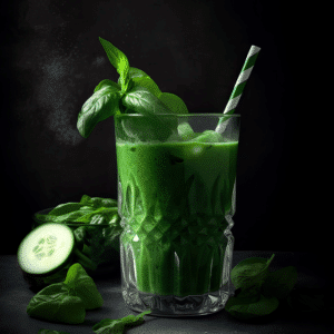 Koolhydraatarme groene smoothie met spinazie komkommer en citroen in een glas met rietje en verse spinazieblaadjes op de achtergrond