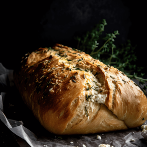 Koolhydraatarm hartig brood met feta en olijven, vers gebakken en goudbruin, ideaal als snack of bijgerecht voor een gezonde maaltijd