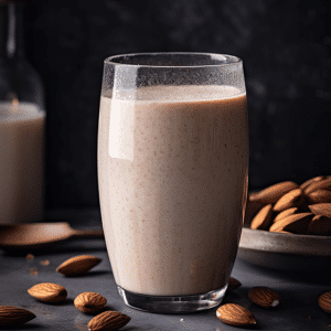 romige kokos chai smoothie in een glas, omringd door amandelen en een fles kokosmelk, gezond en voedzaam ontbijt of tussendoortje