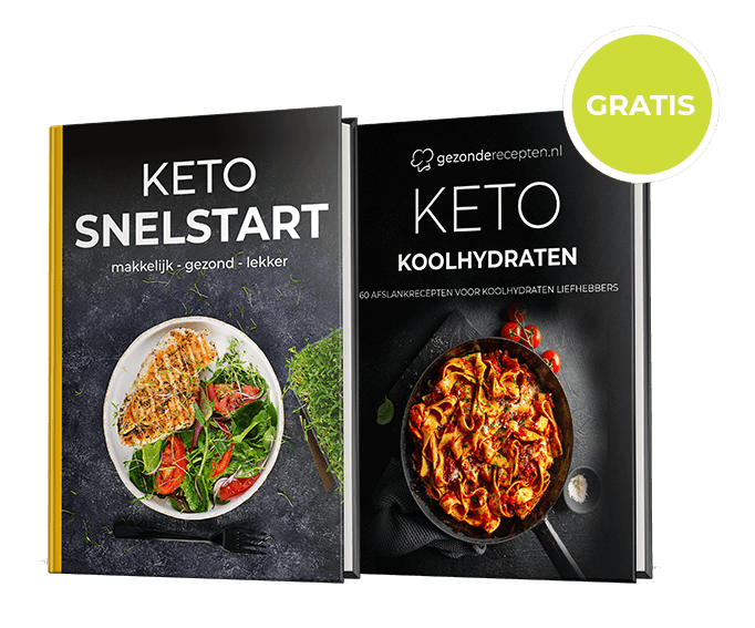 Twee ketogene kookboeken van Gezonderecepten.nl — Keto Snelstart, een snelstartgids voor een makkelijke, gezonde en lekkere keto-levensstijl, en Keto Koolhydraten, een gratis kookboek met 60 koolhydraatarme recepten voor koolhydraatliefhebbers.