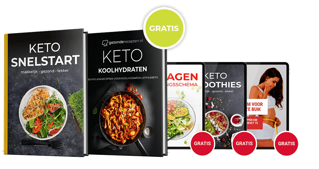 Een collectie keto-gidsen en kookboeken van Gezonderecepten.nl — waaronder Keto Snelstart, Keto Koolhydraten, Dagen Voedingsschema, Keto Smoothies en Het Geheim van een Platte Buik — aangeboden als een combinatie van gratis en betaalde hulpmiddelen voor gewichtsverlies en een gezonde levensstijl.
