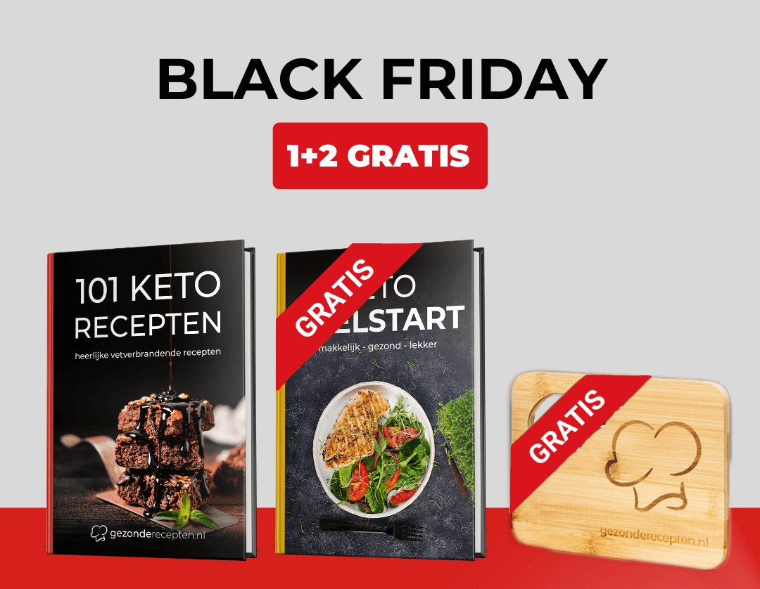 Promotionele Black Friday advertentie van Gezonderecepten.nl met de “1+2 GRATIS” keto bundel, inclusief hardcover kookboek “101 Keto Recepten” met chocoladedessert op de cover, gratis “Keto Snelstart” kookboek met gegrilde kip en salade, en een gratis houten snijplank met chefshoed-logo