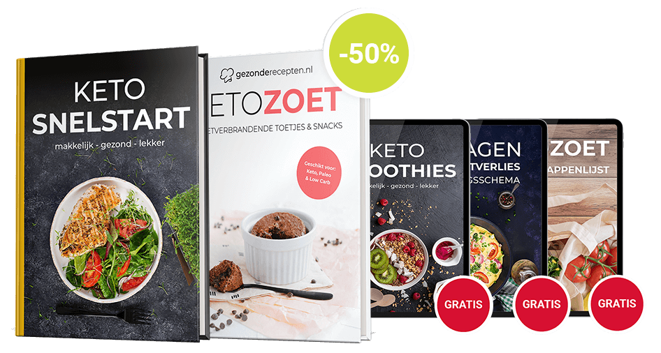 Een promotionele bundel van Gezonderecepten.nl met de fysieke boeken "Keto Snelstart" met gegrilde kip en salade, en "Keto Zoet" met chocolade desserts, samen met gratis digitale gidsen "Keto Smoothies," "Agenda Dagsschema" en "Zoet Appenlijst," met koolhydraatarme, keto- en Paleo-recepten.