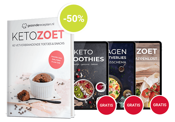 Een promotionele collage van Gezonderecepten.nl met het KetoZoet hardcover kookboek met een chocoladedessert en dessertbol op de cover, samen met gratis digitale gidsen "Keto Smoothies," "Agenda Dagsschema" en "Zoet Appenlijst," met koolhydraatarme, keto- en Paleo-recepten.