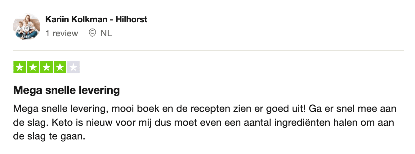 Positieve recensie van Kariin Kolkman-Hilhorst uit Nederland, met vier sterren voor een keto kookboek van Gezonderecepten.nl, met lof voor de mega snelle levering, mooi boek en aantrekkelijke recepten.