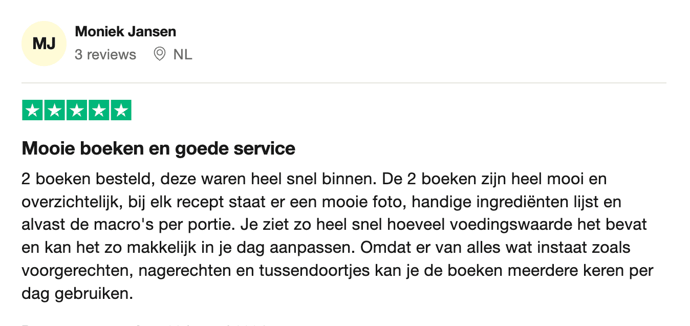 Vijfsterrenrecensie van Moniek Jansen uit Nederland voor Gezonderecepten.nl, met lof voor kookboeken met duidelijke recepten, foto’s, ingrediëntenlijsten en macro’s per portie, geschikt voor maaltijden, snacks en desserts.