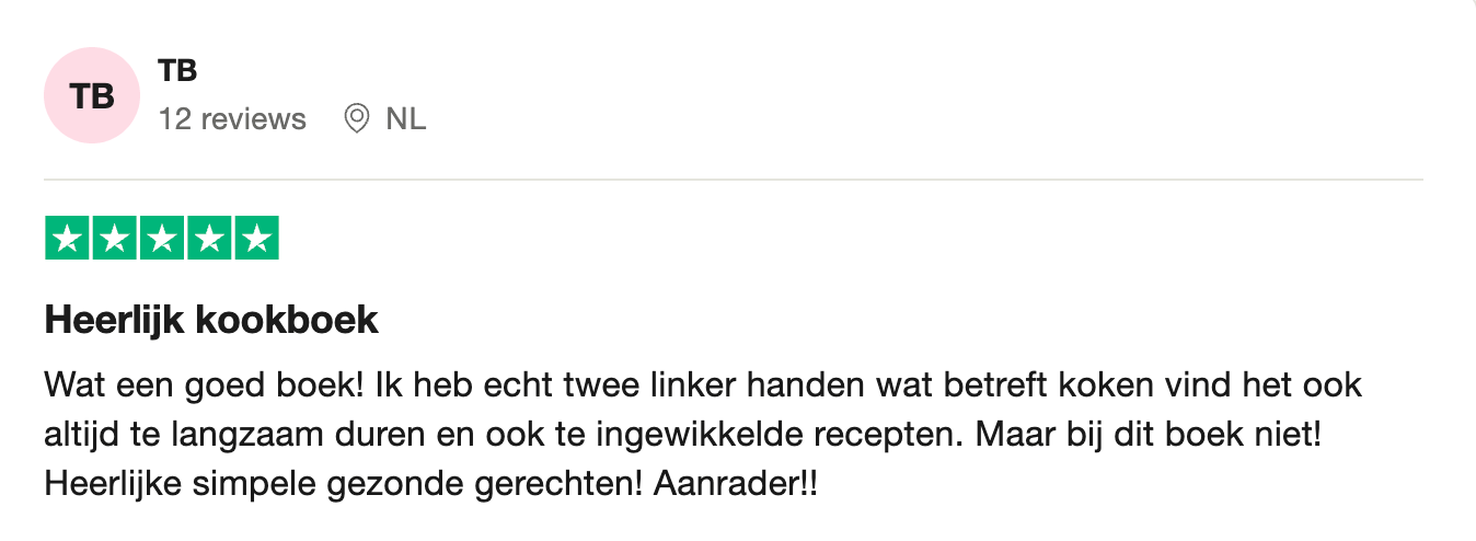 Vijfsterrenrecensie van TB uit Nederland voor Gezonderecepten.nl, met lof voor een kookboek met heerlijke, eenvoudige en gezonde gerechten, ook geschikt voor beginnende koks.