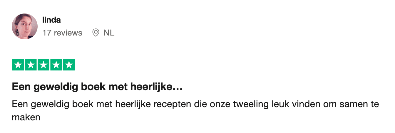 Vijfsterrenrecensie van Linda uit Nederland voor Gezonderecepten.nl, met lof voor een kookboek met heerlijke recepten die haar tweeling graag samen maakt.