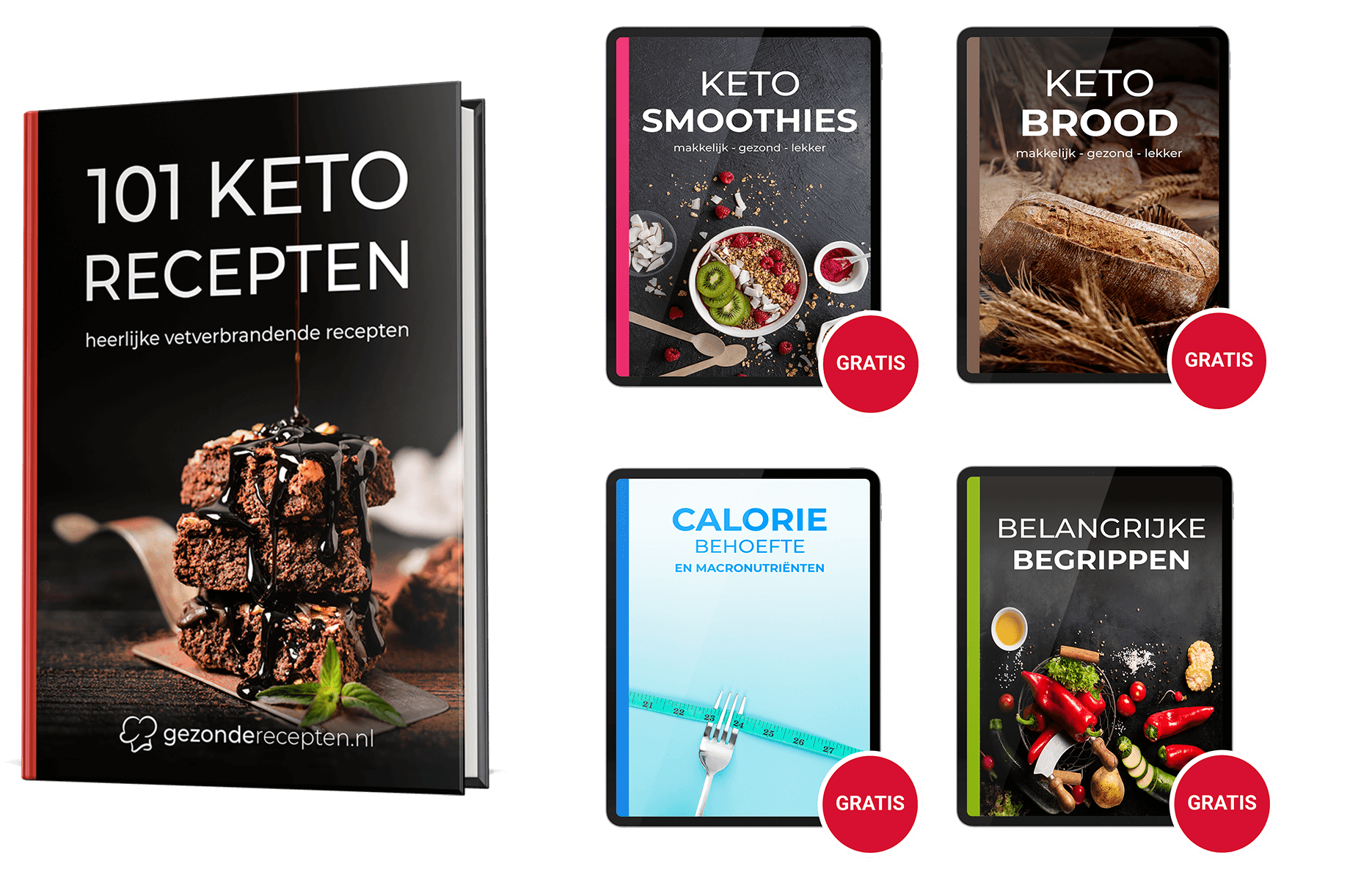 Promotionele bundel van Gezonderecepten.nl met het Nederlandse boek “101 Keto Recepten” met een fudgy chocolade dessert op de omslag, plus vier gratis digitale gidsen: Keto Smoothies met kiwi, Keto Brood met zelfgemaakt brood, Calorie Behoefte met vork en meetlint, en Belangrijke Begrippen met groenten en keukengerei, allemaal gericht op het keto- en koolhydraatarme dieet.