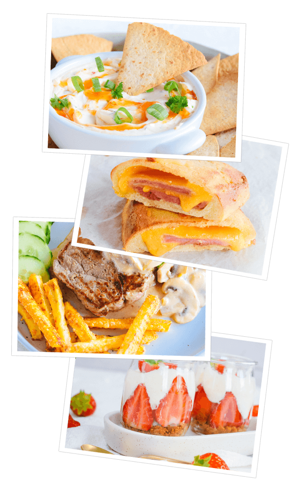 Collage uit het kookboek “28 Dagen Buikvet Challenge” met koolhydraatarme en keto recepten voor gewichtsverlies: romige witte dip met rode saus en tortillachips, ham- en kaasbrood, gegrild vlees met romige champignonsaus en frietjes, en een gelaagde aardbeienparfait, allemaal gericht op gezonde voeding en afslanken.