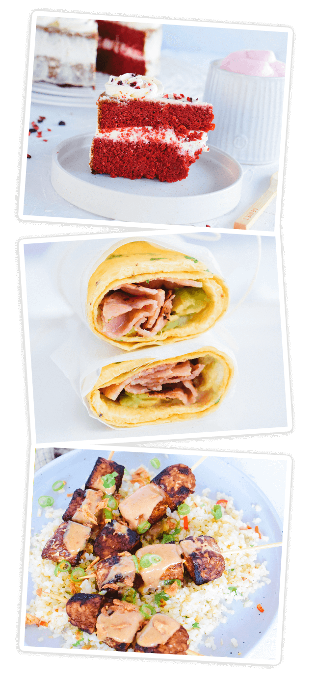 Collage uit het kookboek “28 Dagen Buikvet Challenge”: plakken red velvet cake met cream cheese frosting, opgerolde eierwraps met ham en groenten, en gegrilde kip of gehaktballetjes met pindasaus op bloemkoolrijst.