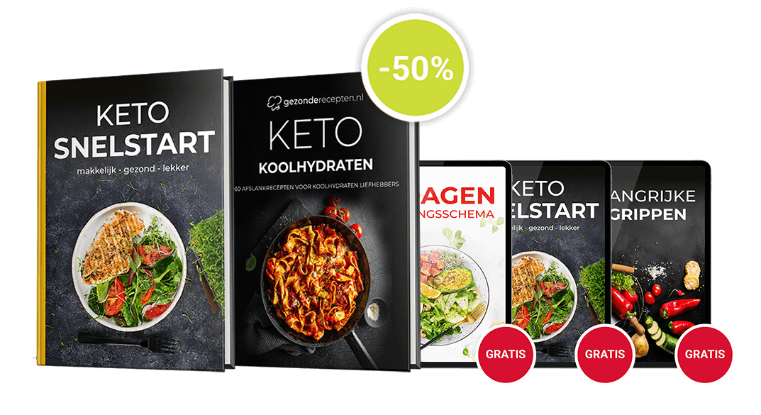 Promotionele collage van de Keto Complete Bundel van Gezonderecepten.nl met de Nederlandse boeken “Keto Snelstart” met gegrilde kip en salade en “KETO KOOLHYDRATEN” met noodles en rode saus, plus drie gratis digitale gidsen: Agenda Dagsschema, Keto Snelstart en Belangrijke Begrippen, allemaal met 50% korting voor liefhebbers van het keto dieet.