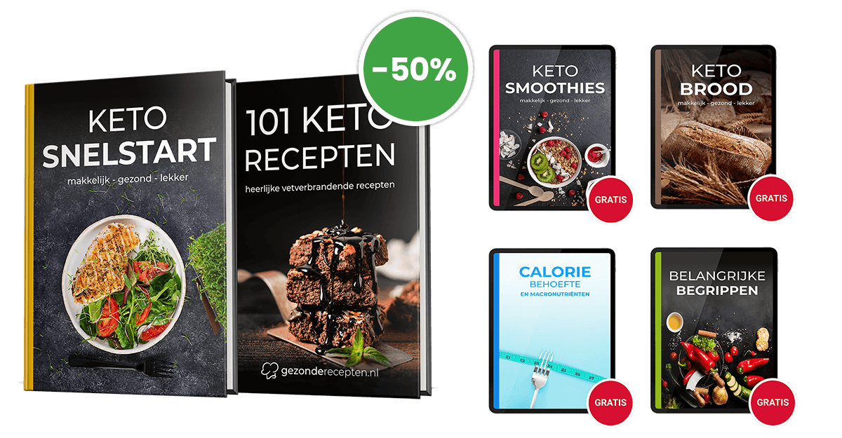 Promotionele collage van het Keto Snelstart Pakket 2025 met de Nederlandse boeken “KETO SNELSTART” met salade, “101 KETO RECEPTEN” met chocoladedessert, en vier gratis digitale gidsen: Keto Smoothies, Keto Brood, Calorie Behoefte & Macronutriënten en Belangrijke Begrippen, allemaal met 50% korting van gezonderecepten.nl.