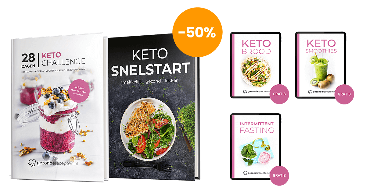 Promotionele collage van de Kickstart 2025 Bundel met de Nederlandse boeken “28 Dagen Keto Challenge” met gelaagd dessert en “KETO SNELSTART” met gegrilde kip en salade, plus drie gratis digitale gidsen: Keto Brood, Keto Smoothies en Intermittent Fasting, allemaal met 50% korting van gezonderecepten.nl.