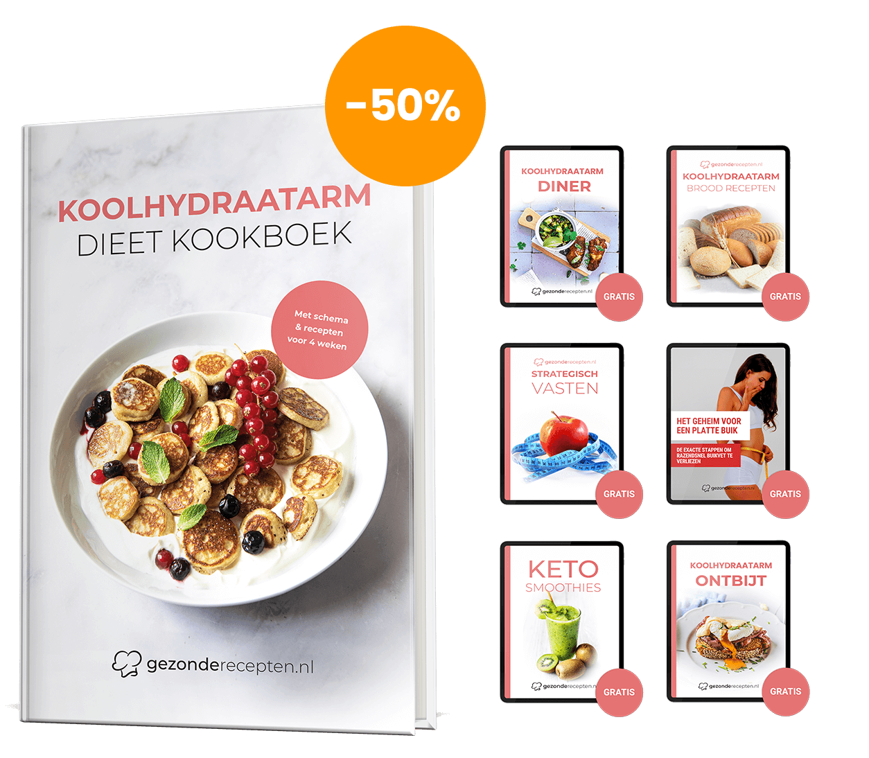 Hardcover “KOOLHYDRAATARM DIEET KOOKBOEK” met mini-pannenkoekjes en bessen, inclusief vier weken maaltijdplan. Bundel bevat gratis digitale gidsen: Koolhydraatarm Diner, Brood Recepten, Strategisch Vasten, Geheim voor Platte Buik, Keto Smoothies en Ontbijt — gezonde koolhydraatarme recepten, 50% korting, van gezonderecepten.nl.