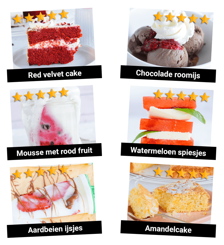 Een collage van zes Buikvet Challenge desserts en snacks op een transparante achtergrond met Nederlandse onderschriften en sterrenbeoordelingen: red velvet cake, chocolade roomijs met slagroom en bessensaus, mousse met rood fruit, watermeloen spiesjes met kaas en basilicum, aardbeienijsjes, en amandelcake — gezonde koolhydraatarme, keto-vriendelijke dessertopties uit het 28 Dagen Buikvet Challenge kookboek.