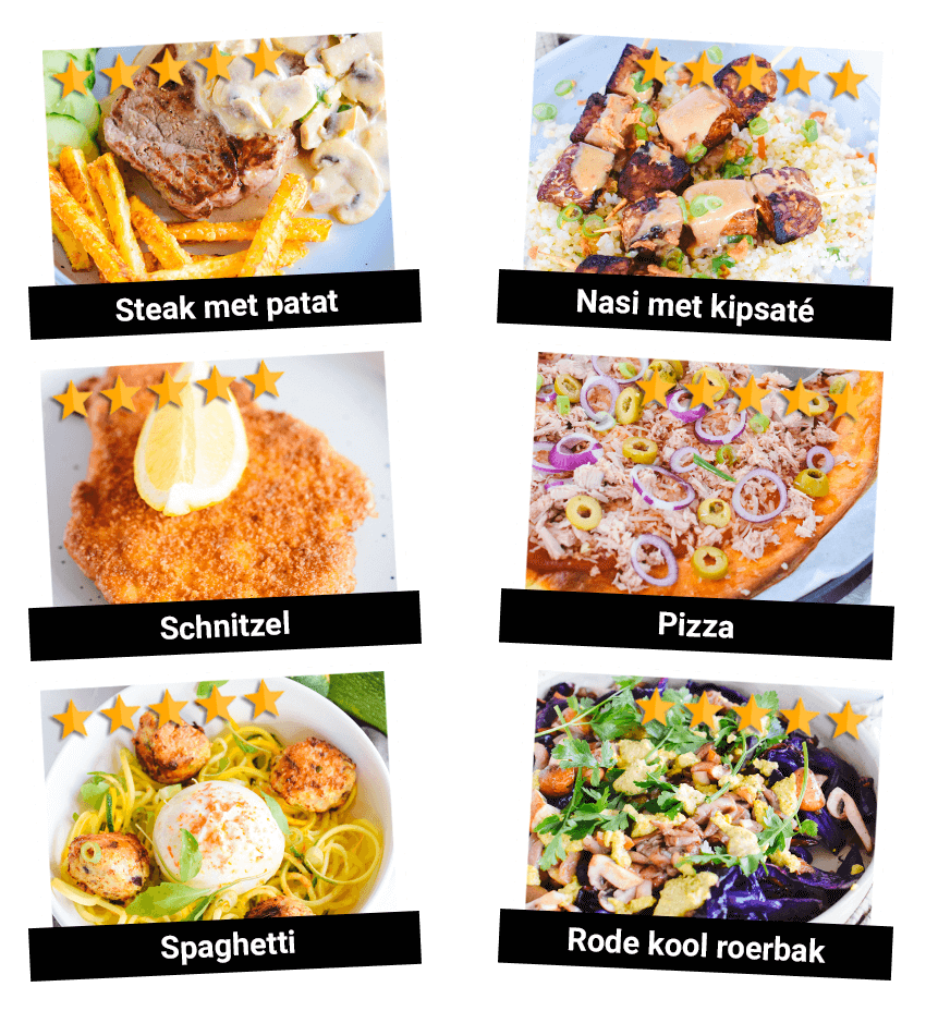 Een collage van zes Buikvet Challenge dinermaaltijden op een transparante achtergrond met Nederlandse onderschriften en sterrenbeoordelingen: steak met patat en romige champignonsaus, nasi met kipsaté en pinda’s, gepaneerde schnitzel met citroen, pizza met tonijn, kaas en olijven, spaghetti met gehaktballetjes en witte saus, en rode kool roerbak met champignons en vlees — gezonde koolhydraatarme, keto-vriendelijke dineropties uit het 28 Dagen Buikvet Challenge kookboek.