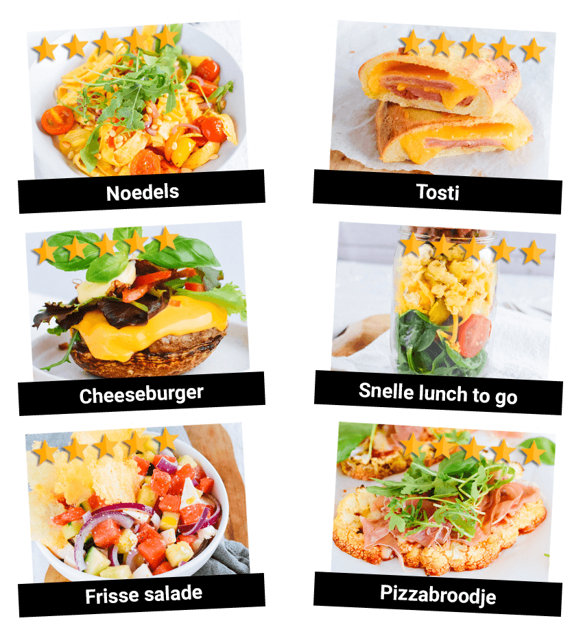 Een collage van zes Buikvet Challenge lunchgerechten met sterrenbeoordelingen en Nederlandse onderschriften: noedels met roerei en rucola; tosti ham-kaas; cheeseburger met sla en basilicum; mason jar gelaagde salade; frisse fruit- en fetasalade; pizzabroodje met ham, kaas en basilicum — gezonde koolhydraatarme, keto-vriendelijke opties voor gewichtsverlies.
