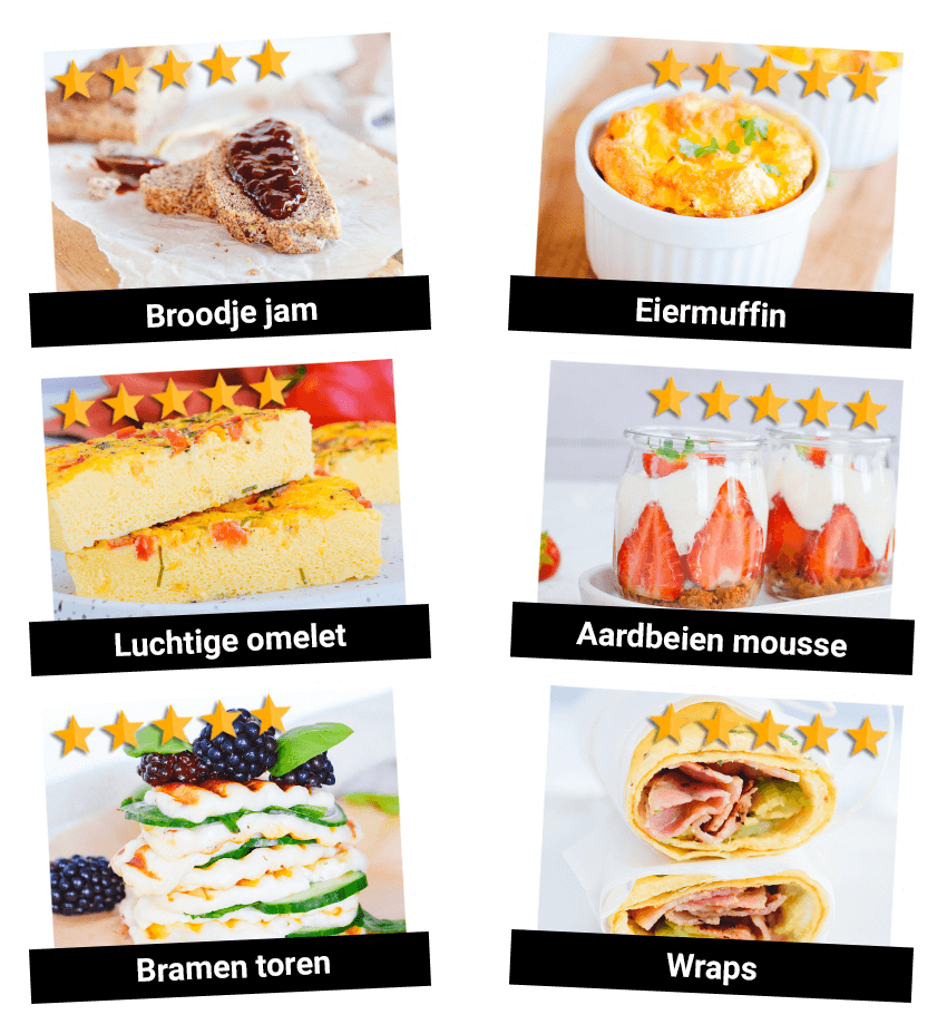 Een collage van zes Buikvet Challenge ontbijtgerechtjes op een transparante achtergrond met Nederlandse onderschriften en sterrenbeoordelingen: broodje jam, eiermuffin, luchtige omelet, aardbeienmousse, bramen toren en wraps met ham en groente — gezonde koolhydraatarme, keto-vriendelijke opties voor gewichtsverlies.