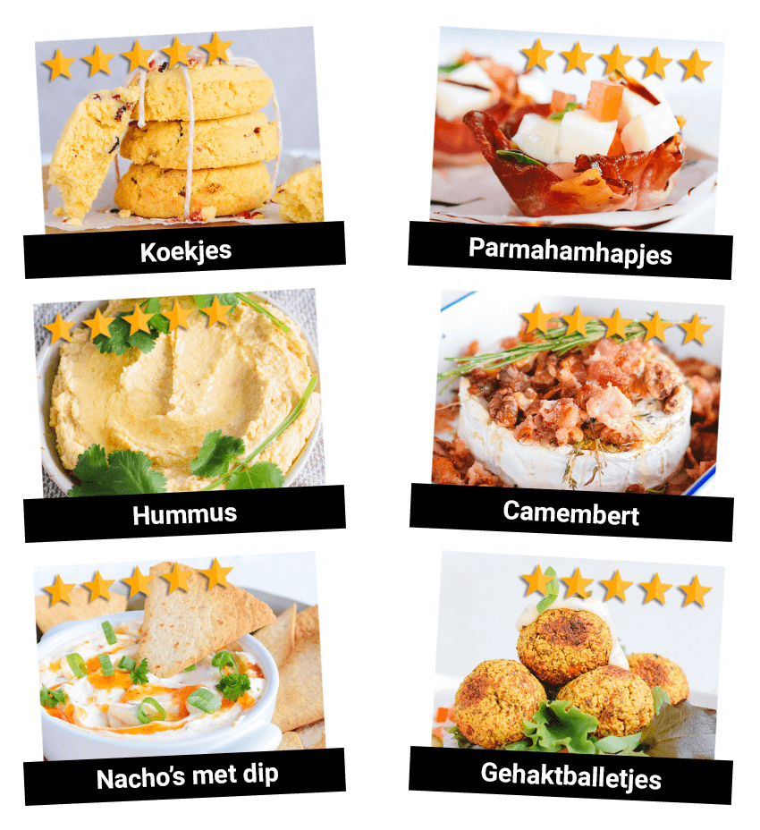 Een collage van zes Buikvet Challenge snacks op een transparante achtergrond met Nederlandse onderschriften en sterrenbeoordelingen: koekjes met rood fruit, parmahamhapjes met kaas en fruit, romige hummus met olie en kruiden, gebakken Camembert met noten en kruiden, nacho's met dip en garnering, en gehaktballetjes — gezonde koolhydraatarme, keto-vriendelijke snackopties uit het 28 Dagen Buikvet Challenge kookboek.