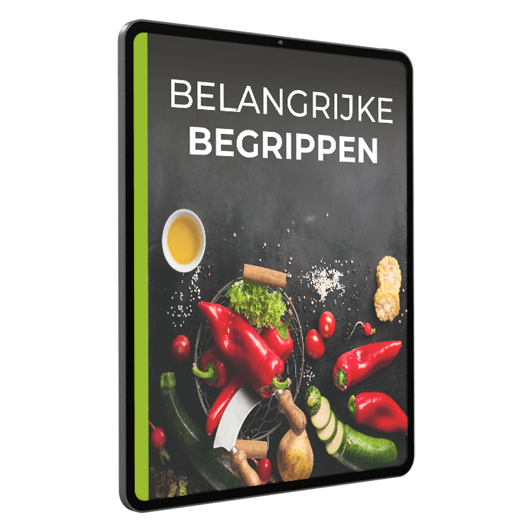 Tablet met het omslag van "Belangrijke Begrippen" (IMPORTANT CONCEPTS) van gezonderecepten.nl, met een donker krijtbord-achtergrond en groenten en ingrediënten: rode paprika's, cherrytomaten, gesneden en hele courgettes, aardappel, schaaltje olie, mes, rasp, spriet sla en verspreide zaden — gids voor gezond eten en dieet.