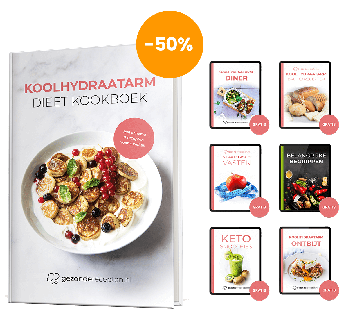Collectie van Nederlandse koolhydraatarme en keto kookboeken van gezonderecepten.nl, met het “Koolhydraatarme Dieet Kookboek” met mini-pannenkoekjes en zes gratis gidsen: Koolhydraatarme Diner, Koolhydraatarme Broodrecepten, Strategisch Vasten, Belangrijke Begrippen, Keto Smoothies en Koolhydraatarme Ontbijt, inclusief 50% korting.