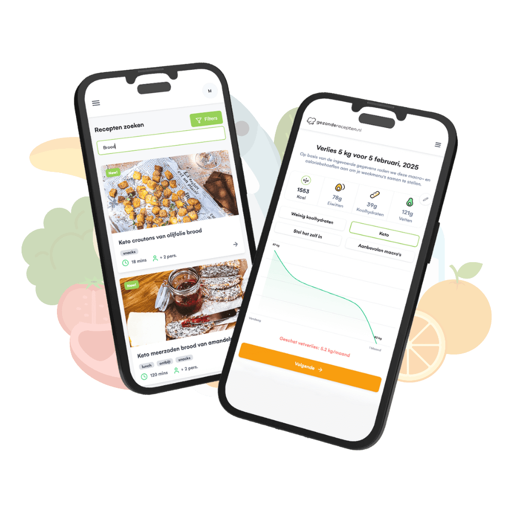 Twee smartphones met de Gezonderecepten.nl-app: links — receptzoeken voor "Brood" met keto croutons en amandel meerzadenbrood; rechts — dieetdashboard met doel 5 kg verliezen, 1553 kcal, 78g eiwitten, 39g koolhydraten, 121g vetten en gewichtsgraphiek — koolhydraatarme, keto-vriendelijke maaltijdplanning.