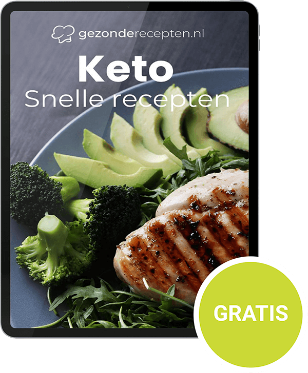 Een tablet met de cover van “Keto Snelle Recepten” van Gezonderecepten.nl, met een bord kip, avocado, broccoli en rucola — een gratis digitale bonus met snelle en makkelijke keto gerechten voor een gezonde, koolhydraatarme levensstijl.