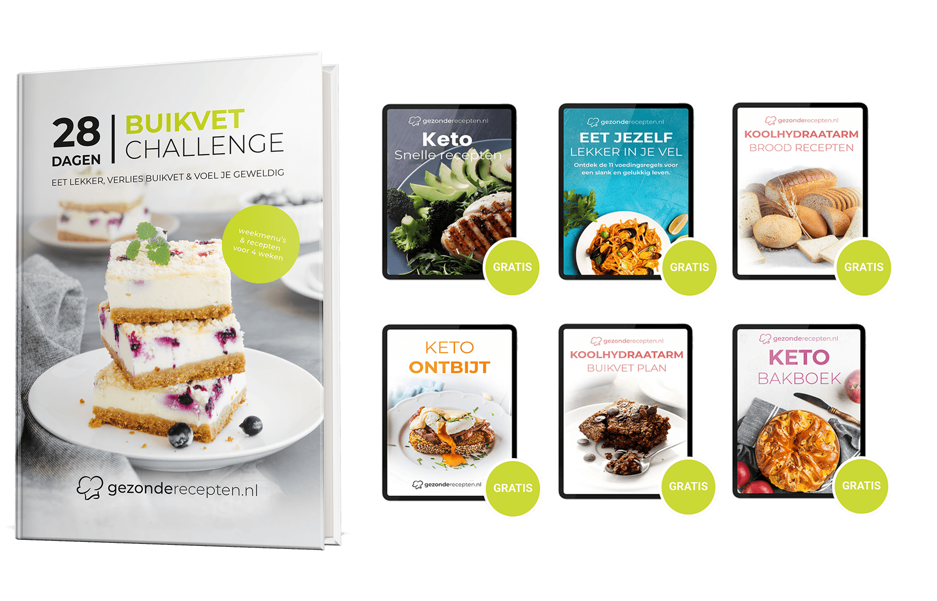 n compositie met het boek “28 Dagen Buikvet Challenge” en zes gratis digitale keto-gidsen van Gezonderecepten.nl die een gezonde, koolhydraatarme levensstijl promoten.