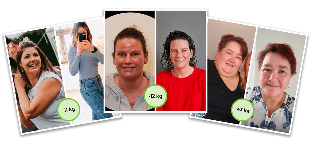 Een collage van drie vrouwen met hun voor-en-na foto’s die hun gewichtsverlies tonen na het volgen van de recepten en het dieetplan van Gezonderecepten.nl