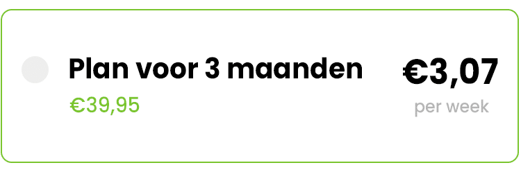 Een 3-maanden abonnement voor het persoonlijke maaltijdplan van Gezonderecepten.nl — totale prijs €39,95, €3,07 per week, met gezonde recepten en persoonlijke maaltijdplanning
