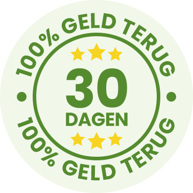 Logo met tekst “100% GELD TERUG” en “30 DAGEN” met vier gele sterren, wat een 30-dagen geld-terug-garantie en hoge kwaliteit voor gezonde recepten van Gezonderecepten.nl aangeeft