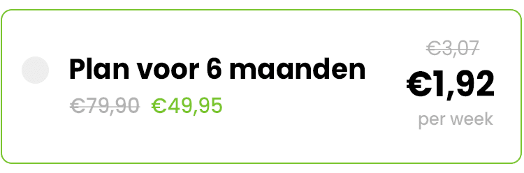 Promotieaanbieding voor een 6-maanden persoonlijk plan van Gezonderecepten.nl — originele prijs €79,90 nu €49,95, wekelijkse kosten verlaagd naar €1,92 in plaats van €3,07, inclusief gezonde recepten en maaltijdplanning