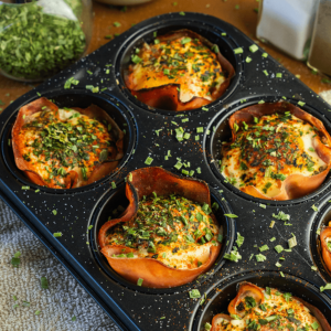 Een bakplaat met Keto ham & ei ontbijt muffins, gebakken in een muffinblik, gegarneerd met fijngehakte bieslook en paprikapoeder. Een gezonde ontbijt of brunchoptie voor gewichtsverlies en een gezond dieet.
