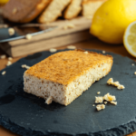 Een plakje keto citroen cake met een vochtige, licht kruimelige textuur, geserveerd op een zwart bord met citroenen op de achtergrond — een koolhydraatarm dessert voor gewichtsverlies en een gezond dieet.