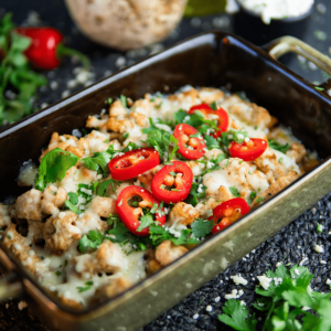 Een bord met keto loaded fries, gemaakt van koolhydraatarme groenten zoals koolraap, knolselderij of bloemkool, belegd met gesmolten kaas, krokant spek en verse kruiden — ideaal voor gewichtsverlies en een gezond dieet