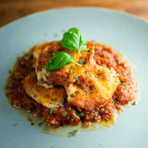 Een lichtblauw-groen bord met keto pepperoni kip parmesan balletjes, belegd met tomatensaus, gesmolten kaas en verse basilicum — een koolhydraatarm gerecht geïnspireerd op de Italiaanse keuken, ideaal voor gewichtsverlies en een gezond dieet