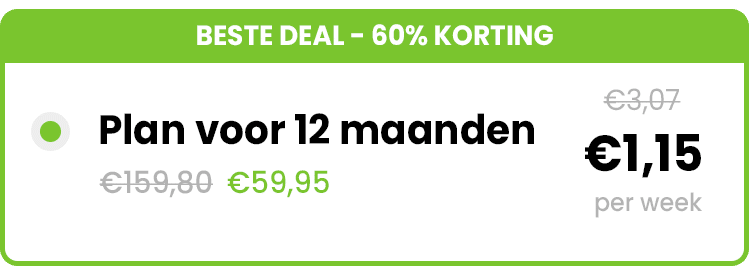 Promotie voor het persoonlijke plan abonnement van Gezonderecepten.nl — 12-maanden plan met 60% korting, originele prijs €159,80 nu €59,95, kosten €1,15 per week in plaats van €3,07