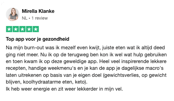 Een positieve 5-sterren review van Mirella Klanke uit Nederland voor de maaltijdplanner app van Gezonderecepten.nl — met lof voor inspirerende recepten, handige weekmenu’s en gepersonaliseerde macroberekeningen voor gezondheid, gewichtsverlies, koolhydraatarm en keto