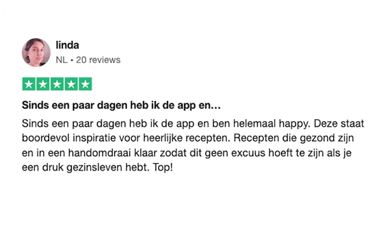 Een positieve 5-sterren review van Linda uit Nederland voor de maaltijdplanner app van Gezonderecepten.nl — met lof voor gezonde, snelle en inspirerende recepten, ideaal voor een druk gezinsleven