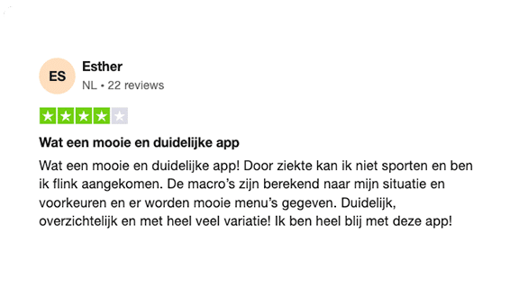 Een positieve review van Esther uit Nederland met 5 sterren voor de maaltijdplanner app van Gezonderecepten.nl — met lof voor gepersonaliseerde macro’s, overzichtelijke menu’s en veel variatie, vooral nuttig bij het beheren van gewicht tijdens ziekte.