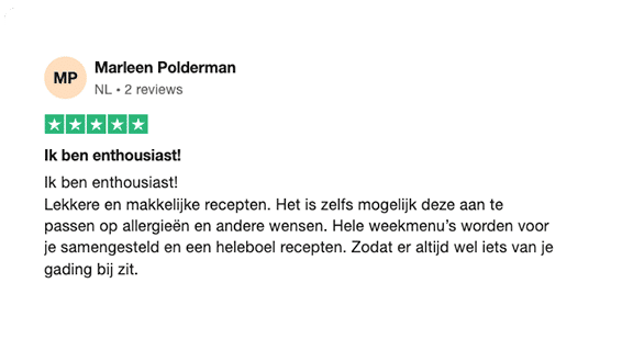 Een positieve review van Marleen Polderman uit Nederland met 5 sterren voor de maaltijdplanner van Gezonderecepten.nl — met lof voor lekkere, makkelijke recepten, aanpasbaar voor allergieën en complete weekmenu’s.