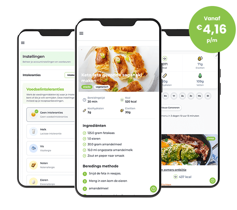 Drie smartphoneschermen met de Gezonderecepten.nl maaltijdplanner app, met keto recepten, voedselintolerantie-instellingen en aanpasbare macro’s, een abonnementsapp voor gezond maaltijd plannen.