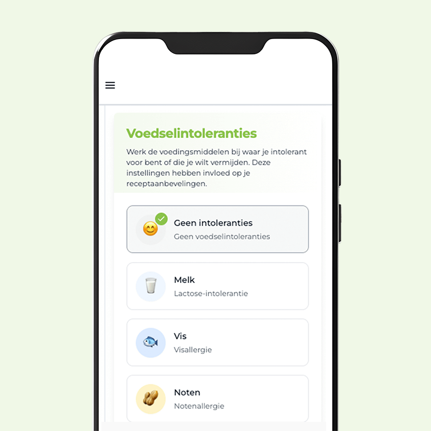 Een smartphonescherm met de sectie “Voedselintoleranties” van de Gezonderecepten.nl maaltijdplanner app, waar gebruikers ingrediënten zoals melk, vis en noten kunnen selecteren of vermijden om recepten te personaliseren