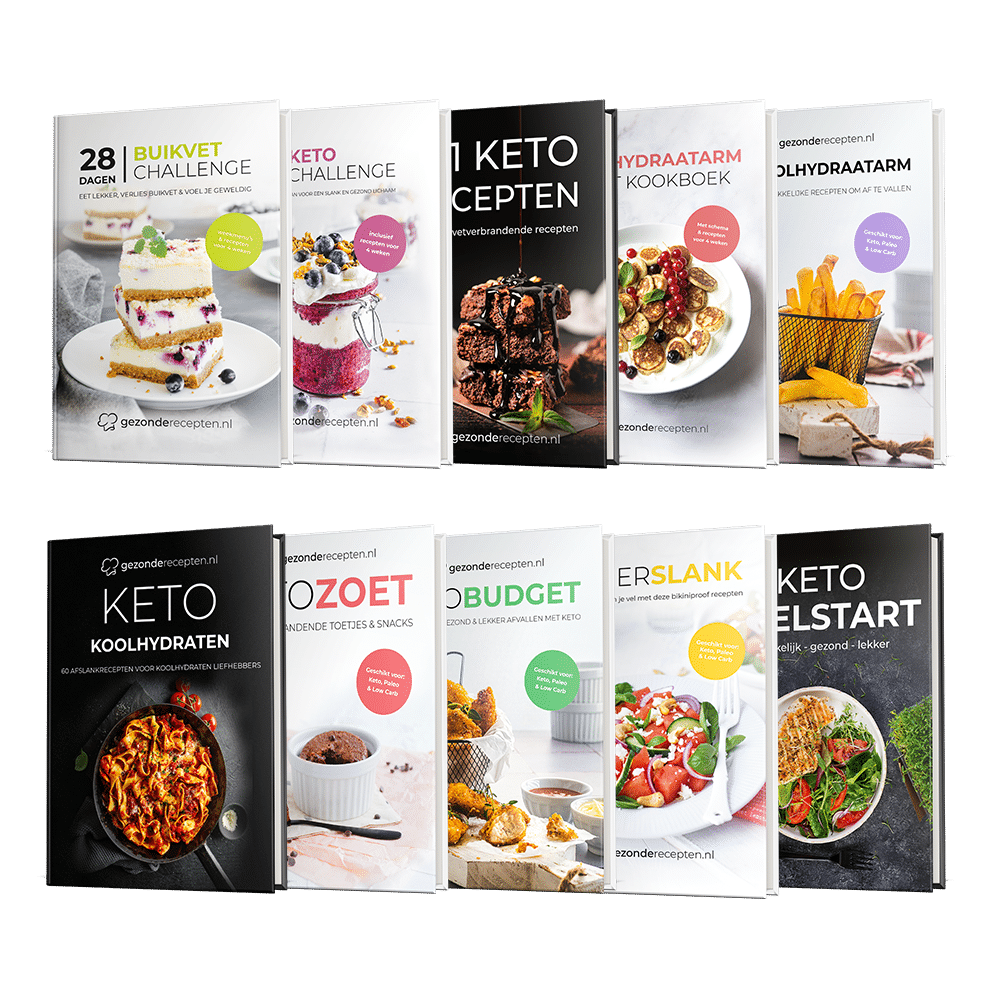 Alle kookboeken van Gezonderecepten.nl, waaronder de 28 Dagen Buikvet Challenge, 28 Dagen Keto Challenge, 101 Keto Kookboek, Koolhydraatarm Dieet Kookboek, 101 Koolhydraatarm Kookboek, Keto Koolhydraten Kookboek, Keto Zoet Kookboek, Keto Budget Kookboek en Snelstart Gids – met gezonde keto- en koolhydraatarme recepten voor gewichtsverlies en gezond diëten.