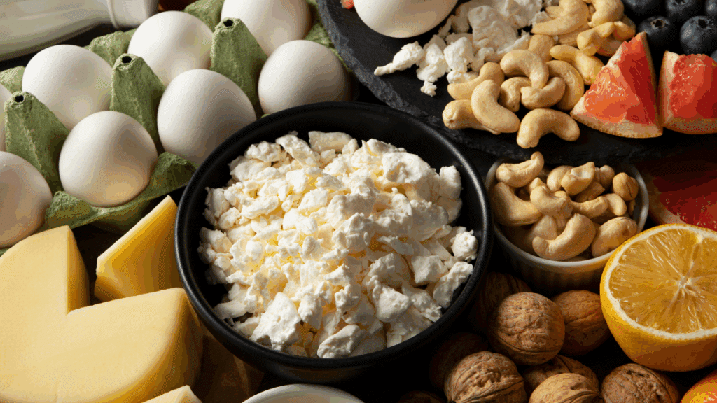 Gezonde eiwitrijke voedingsmiddelen zoals eieren, kaas, noten en kwark op een tafel.