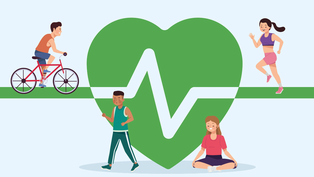 Illustratie van mensen die sporten, fietsen en mediteren als symbool voor een gezonde en actieve leefstijl.