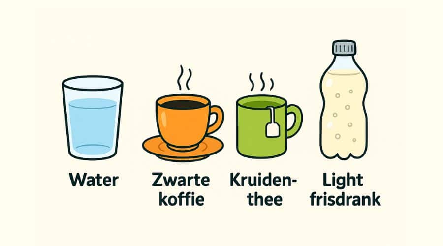 Illustratie van wat je mag drinken tijdens intermittent fasting: water, zwarte koffie, kruidenthee en light frisdrank - handige tips voor vrouwen die willen starten met vasten.