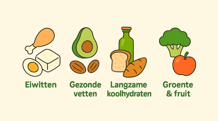 Illustratie van wat je kunt eten bij intermittent fasting: eiwitten, gezonde vetten, langzame koolhydraten en groente & fruit - praktische voedingstips voor vrouwen.